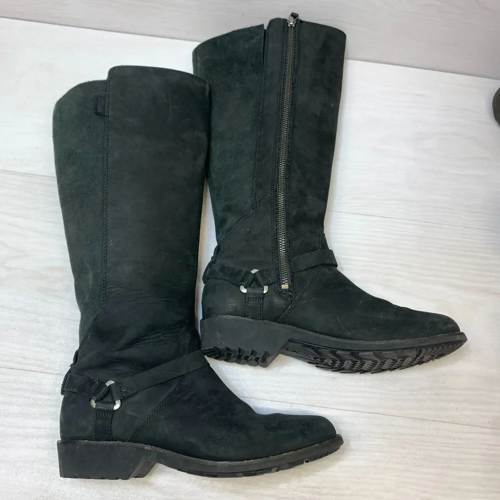 Teva De La Vina Tall Boots Women's‎ Size 7.5 Black Suede Riding Moto Waterproof